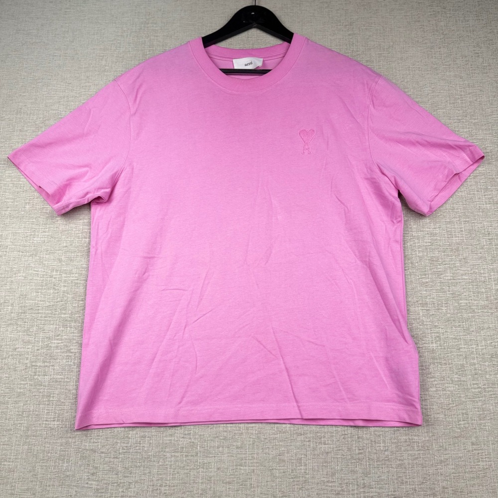 Ami Paris Ami de Coeur T-Shirt Pink Cotton Short Sleeve Embroidered Logo Mens L
